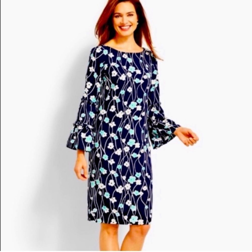 Talbots Women's Dress Blue Floral Bow Tie Back
Flared Sleeves Shift dress 10